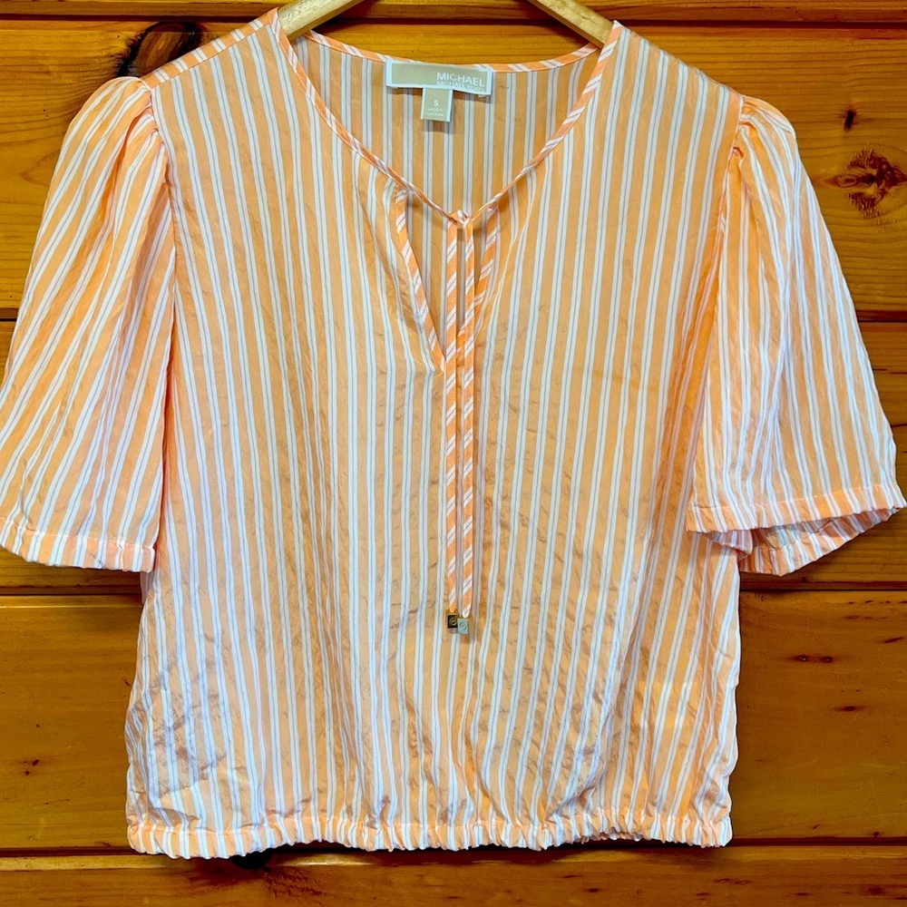 Michael Kors Women’s Short Sleeve Striped Orange White Blouse Tie S